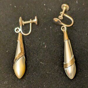 Vintage Mid Century Modern Silver Tone Faux Pearl Dangle Screwback Earrings